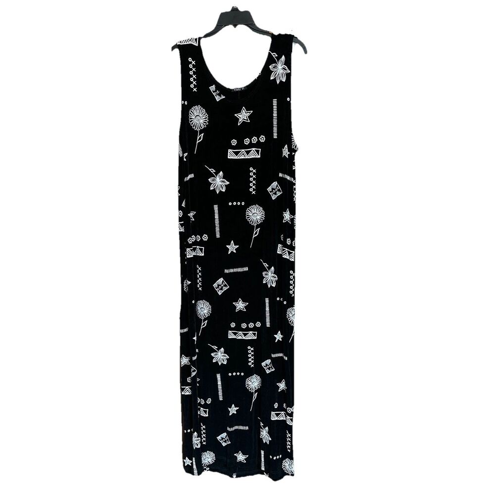 Vikki Vi Maxi Tank Dress OX - 1X Sleeveless Slinky Black Floral Boho Witch